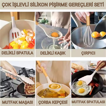 Polham Profesyonel Tam Set 33 Parça BPA İçermez Ahşap Saplı Slikon Mutfak Servis Seti, Servis ve Kevir Seti
