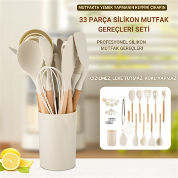 Polham Profesyonel Tam Set 33 Parça BPA İçermez Ahşap Saplı Slikon Mutfak Servis Seti, Servis ve Kevir Seti