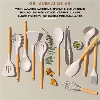 Polham Profesyonel Tam Set 33 Parça BPA İçermez Ahşap Saplı Slikon Mutfak Servis Seti, Servis ve Kevir Seti