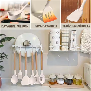 Polham Profesyonel Tam Set 33 Parça BPA İçermez Ahşap Saplı Slikon Mutfak Servis Seti, Servis ve Kevir Seti