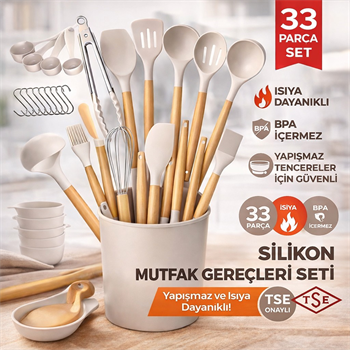 Polham Profesyonel Tam Set 33 Parça BPA İçermez Ahşap Saplı Slikon Mutfak Servis Seti, Servis ve Kevir Seti