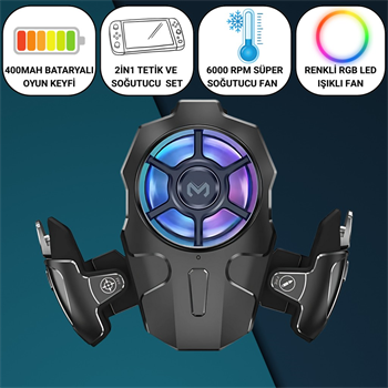 Polham RGB Işıklı 2si 1 Arada Oyun Tetik ve Telefon Soğutucu – 6000 RPM Süper Fan, 400mAh Batarya, PubG ve Call of Duty Uyumlu