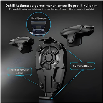 Polham RGB Işıklı 2si 1 Arada Oyun Tetik ve Telefon Soğutucu – 6000 RPM Süper Fan, 400mAh Batarya, PubG ve Call of Duty Uyumlu