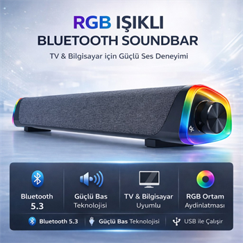 Polham RGB Işıklı Bluetooth 5.3 Soundbar Hoparlör | Güçlü Bas | Aux 3.5MM Giriş | TV & Bilgisayar Ses Sistemi