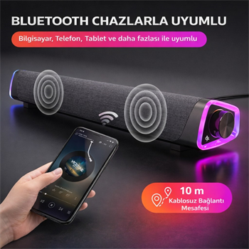 Polham RGB Işıklı Bluetooth 5.3 Soundbar Hoparlör | Güçlü Bas | Aux 3.5MM Giriş | TV & Bilgisayar Ses Sistemi
