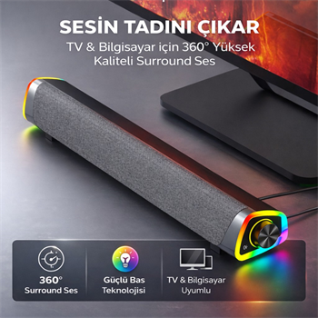 Polham RGB Işıklı Bluetooth 5.3 Soundbar Hoparlör | Güçlü Bas | Aux 3.5MM Giriş | TV & Bilgisayar Ses Sistemi