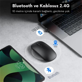 Polham Şarj Edilebilir 600mAh Çift Modlu Kablosuz Mouse, Laptop, Tablet, Telefon, TV Uyumlu Mouse Süper Sessiz
