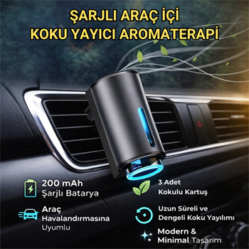 Polham Şarjlı Araç İçi Koku Yayıcı – 200 mAh – 3 Kokulu Kartuş – Ayarlanabilir Koku Modları- Modern Tasarım