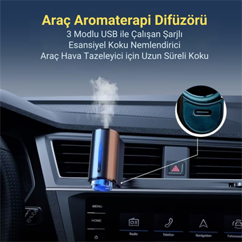 Polham Şarjlı Araç İçi Koku Yayıcı – 200 mAh – 3 Kokulu Kartuş – Ayarlanabilir Koku Modları- Modern Tasarım