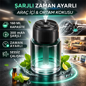 Polham Şarjlı Araç İçi Ortam Koku Difüzörü | Zaman Ayarlı | Sessiz Çalışma | 160ML Kapasiteli | 300mAh Şarjlı