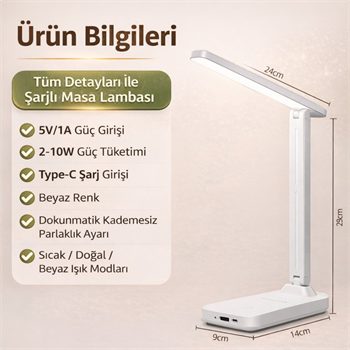 Polham Şarjlı Katlanabilir LED Masa Lambası | 3 Işık Modu | Göz Koruyucu | 800mAh | Telefon Tutuculu