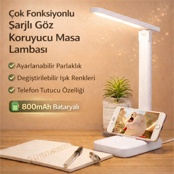 Polham Şarjlı Katlanabilir LED Masa Lambası | 3 Işık Modu | Göz Koruyucu | 800mAh | Telefon Tutuculu
