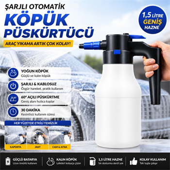Polham Şarjlı Otomatik 1.5 Litre Yüksek Basınçlı Araç Yıkama Köpük Püskürtücü El Pompası, Otomobil Temizleme Pompası