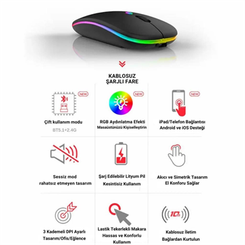 Polham Şarjlı RGB Işıklı Çift Modlu Kablosuz Mouse, Laptop, Tablet, Telefon, TV Uyumlu Mouse Süper Sessiz