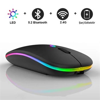 Polham Şarjlı RGB Işıklı Çift Modlu Kablosuz Mouse, Laptop, Tablet, Telefon, TV Uyumlu Mouse Süper Sessiz