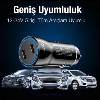 Polham Süper Hızlı Şarj 60W Ultra Hızlı 2x PD Type C Girişli Araç Şarj Başlığı, 12/24V Tüm Girişlere Uyumlu, Isı ve Akım Korumalı Şarj Başlığı