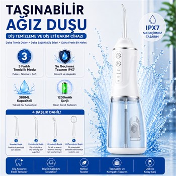 Polham Taşınabilir Şarjlı Ağız Duşu 380 ML – Diş ve Diş Eti Bakım Cihazı ,1200 mAh, IPX7 Su Geçirmez, 3 Temizlik Modlu, 4 Başlıklı