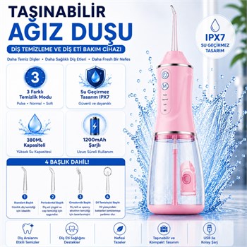 Polham Taşınabilir Şarjlı Ağız Duşu 380 ML – Diş ve Diş Eti Bakım Cihazı ,1200 mAh, IPX7 Su Geçirmez, 3 Temizlik Modlu, 4 Başlıklı