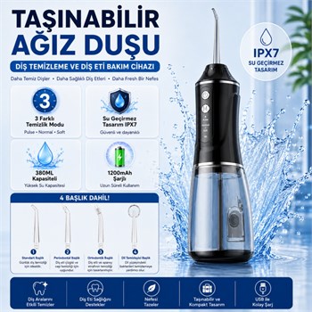 Polham Taşınabilir Şarjlı Ağız Duşu 380 ML – Diş ve Diş Eti Bakım Cihazı ,1200 mAh, IPX7 Su Geçirmez, 3 Temizlik Modlu, 4 Başlıklı