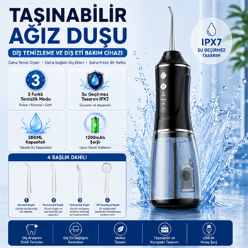Polham Taşınabilir Şarjlı Ağız Duşu 380 ML – Diş ve Diş Eti Bakım Cihazı ,1200 mAh, IPX7 Su Geçirmez, 3 Temizlik Modlu, 4 Başlıklı