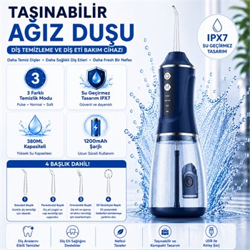 Polham Taşınabilir Şarjlı Ağız Duşu 380 ML – Diş ve Diş Eti Bakım Cihazı ,1200 mAh, IPX7 Su Geçirmez, 3 Temizlik Modlu, 4 Başlıklı