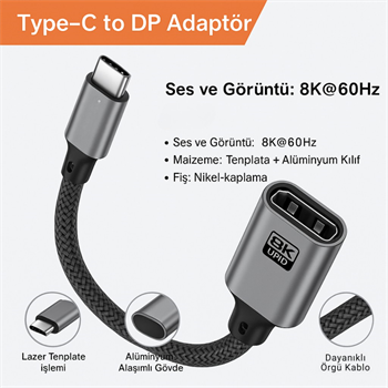 Polham Type C To Displayport Adaptör 8K UHD 60Hz | Dayanıklı Örgü Kablo | Tak-Çalıştır 8K DP Kablosu