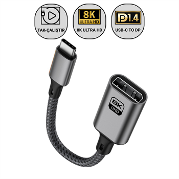 Polham Type C To Displayport Adaptör 8K UHD 60Hz | Dayanıklı Örgü Kablo | Tak-Çalıştır 8K DP Kablosu
