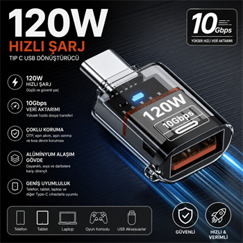 Polham Type-C to USB 3.2 Gen2 Dönüştürücü Adaptör 120W Hızlı Şarj 10Gbps Veri Aktarımı OTG Şeffaf