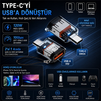 Polham Type-C to USB 3.2 Gen2 Dönüştürücü Adaptör 120W Hızlı Şarj 10Gbps Veri Aktarımı OTG Şeffaf