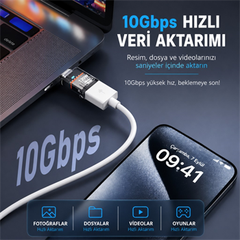 Polham Type-C to USB 3.2 Gen2 Dönüştürücü Adaptör 120W Hızlı Şarj 10Gbps Veri Aktarımı OTG Şeffaf