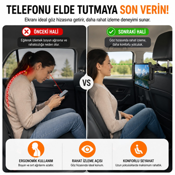 Polham Universal Araç Arka Koltuk Telefon ve Tablet Tutucu | 360° Dönebilen Telefon Standı Katlanabilir