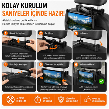 Polham Universal Araç Arka Koltuk Telefon ve Tablet Tutucu | 360° Dönebilen Telefon Standı Katlanabilir