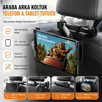 Polham Universal Araç Arka Koltuk Telefon ve Tablet Tutucu | 360° Dönebilen Telefon Standı Katlanabilir
