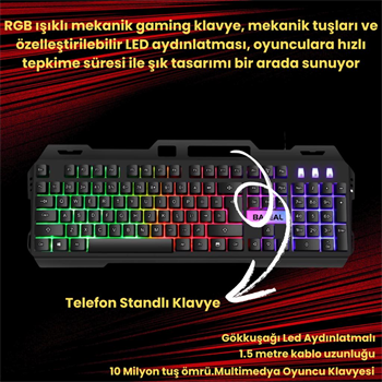 Polham USB Kablolu RGB LED Aydınlatmalı Gaming Mekanik Klavye, Metal Su Geçirmez Oyuncu Klavyesi