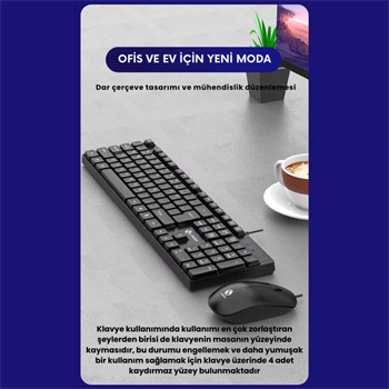 Polham USB Kablolu Sessiz Ofis Ev Tipi Klavye Mouse Seti, Bilek Destekli, Tak Çalıştır Klavye Mouse