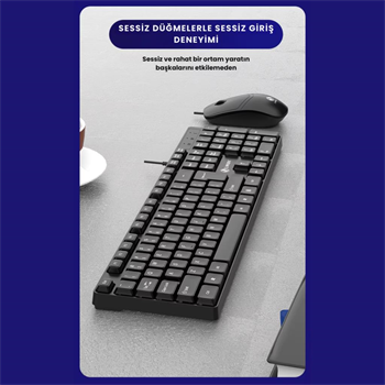Polham USB Kablolu Sessiz Ofis Ev Tipi Klavye Mouse Seti, Bilek Destekli, Tak Çalıştır Klavye Mouse