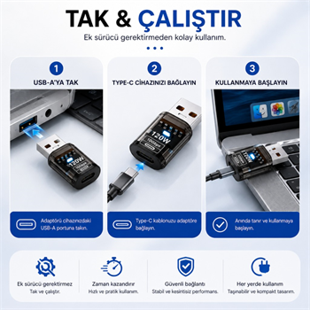 Polham USB to Type-C Dönüştürücü Adaptör 120W Hızlı Şarj 10Gbps Veri Aktarımı USB 3.2 Gen2 OTG Şeffaf