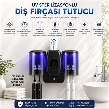Polham UV Sterilizasyonlu Diş Fırçası Tutucu – 4 Fırça Kapasiteli, Otomatik UV Hijyen, 1200 mAh Şarjlı