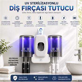 Polham UV Sterilizasyonlu Diş Fırçası Tutucu – 4 Fırça Kapasiteli, Otomatik UV Hijyen, 1200 mAh Şarjlı