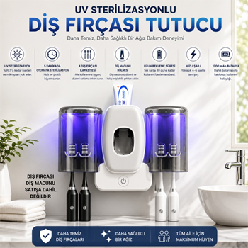 Polham UV Sterilizasyonlu Diş Fırçası Tutucu – 4 Fırça Kapasiteli, Otomatik UV Hijyen, 1200 mAh Şarjlı