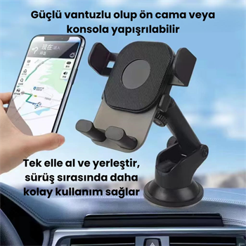 Polham Vantuzlu Torpido Üstü ve Cam için Araç İçi Telefon Tutucu, Teleskopik Ayarlanabilir Döner Başlık