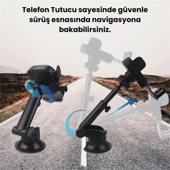 Polham Vantuzlu Torpido Üstü ve Cam için Araç İçi Telefon Tutucu, Teleskopik Ayarlanabilir Döner Başlık