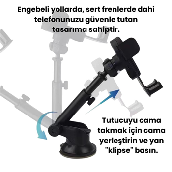 Polham Vantuzlu Torpido Üstü ve Cam için Araç İçi Telefon Tutucu, Teleskopik Ayarlanabilir Döner Başlık