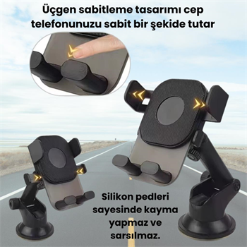 Polham Vantuzlu Torpido Üstü ve Cam için Araç İçi Telefon Tutucu, Teleskopik Ayarlanabilir Döner Başlık