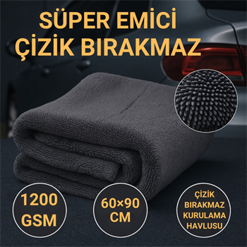 Polham XL 60X90CM 1200GSM Süper Su Emici Özellikli Mikrofiber Araç Kurulama Havlusu, Çizik ve İz Bırakmaz Bez
