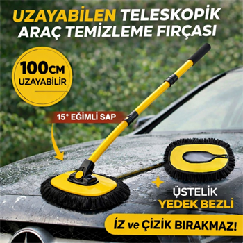 Polham Yedek Bezli 100CM Uzayabilen Teleskopik Saplı Kuru Islak Araç Temizleme Fırçası, İz ve Çizik Bırakmaz
