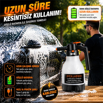 Polham Yeni Nesil 2 Litre Şarjlı Otomatik Basınçlı Araç Yıkama Köpük Püskürtücü, Araç, Jant, Bahçe Yıkama Pompası