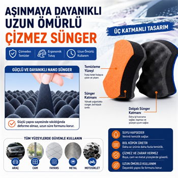 Polham Yeni Nesil Araç Yıkama Köpük Süngeri Çizmez Sünger, Bol Köpük Üreten Yumuşak Dokulu Temizlik Süngeri
