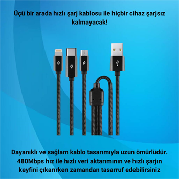 Ttec 100CM 2.1A Süper Hızlı 3in1 USB to Type-C, Lightning, Micro USB Data Şarj Kablosu, Halat Kopmaz