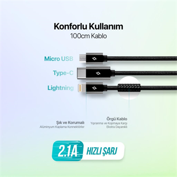 Ttec 100CM 2.1A Süper Hızlı 3in1 USB to Type-C, Lightning, Micro USB Data Şarj Kablosu, Halat Kopmaz